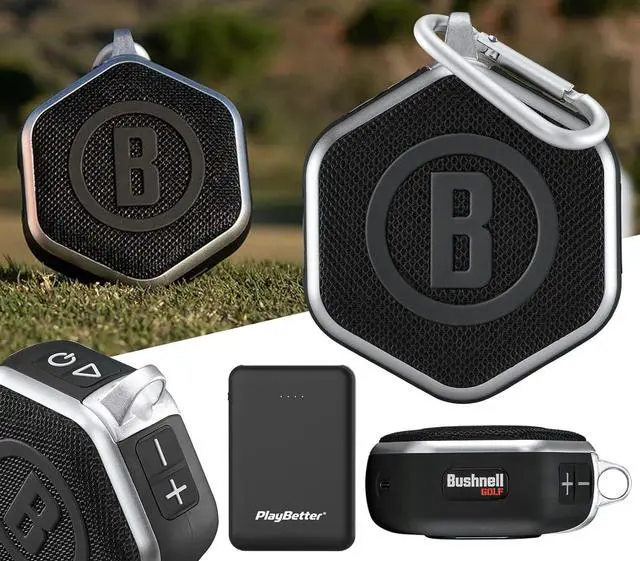 Main image of PlayBetter Bushnell Wingman Mini (Silver/Black) Magnetic GPS Golf Speaker Bundle Portable Charger - Music & Audible Distances Bluetooth Speaker for Golf Cart - 36,000+ Courses