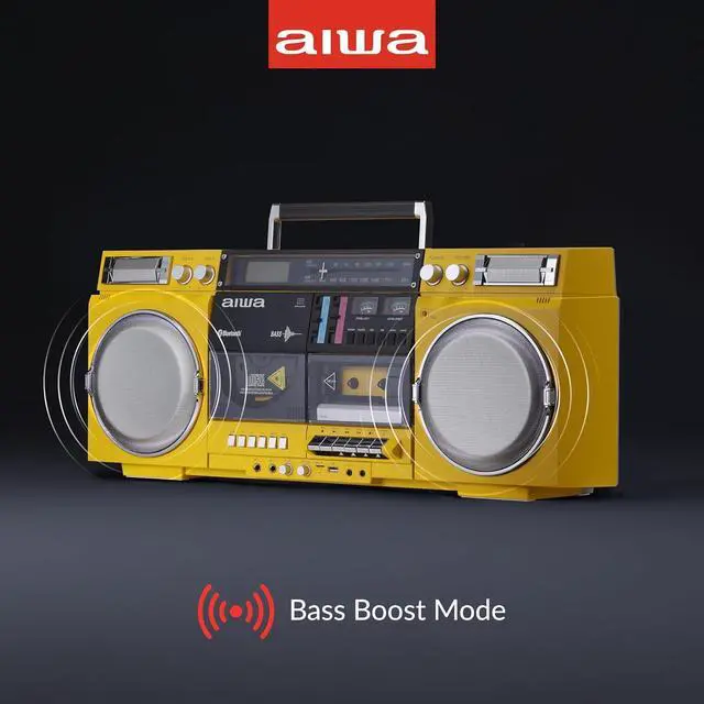 Alt view image 3 of 7 - aiwa Retro Boombox CD Player with Cassette Recording, Bluetooth 5.0, FM/AM Radio, USB/SD/AUX Inputs, VU Meters, LCD Display, Dual 40W Speakers - Yellow