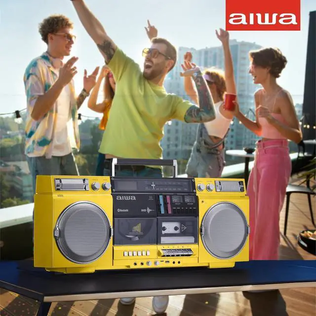Alt view image 4 of 7 - aiwa Retro Boombox CD Player with Cassette Recording, Bluetooth 5.0, FM/AM Radio, USB/SD/AUX Inputs, VU Meters, LCD Display, Dual 40W Speakers - Yellow