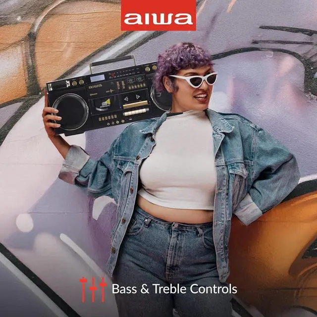 Alt view image 5 of 7 - aiwa Retro Boombox CD Player with Cassette Recording, Bluetooth 5.0, FM/AM Radio, USB/SD/AUX Inputs, VU Meters, LCD Display, Dual 40W Speakers - Yellow