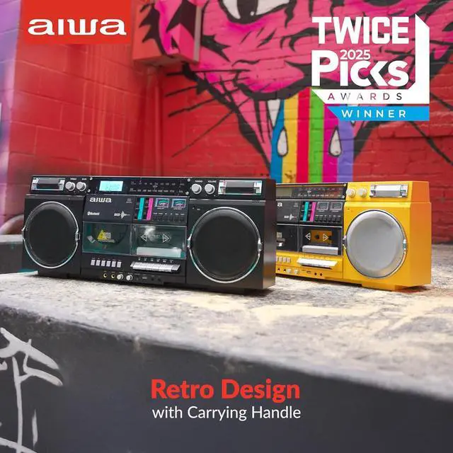 Alt view image 7 of 7 - aiwa Retro Boombox CD Player with Cassette Recording, Bluetooth 5.0, FM/AM Radio, USB/SD/AUX Inputs, VU Meters, LCD Display, Dual 40W Speakers - Yellow