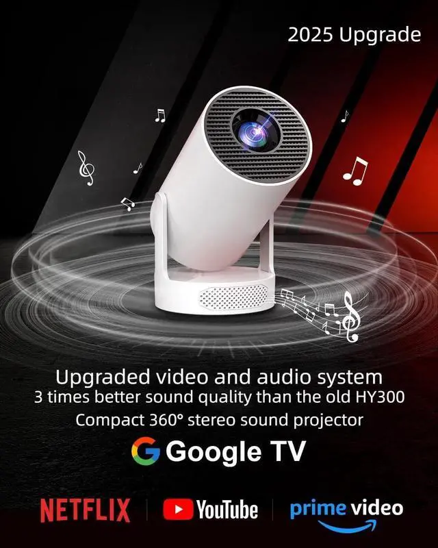 Alt view image 2 of 7 - Portable Mini HY300 Pro HiFi Speaker Android TV Projector with WiFi and Bluetooth - 1080P FHD, 2x5W Speaker 360° Stereo Sound, WiFi6, Auto Keystone, Bluetooth 5.4, Compatible with Android/iOS/USB/HDMI