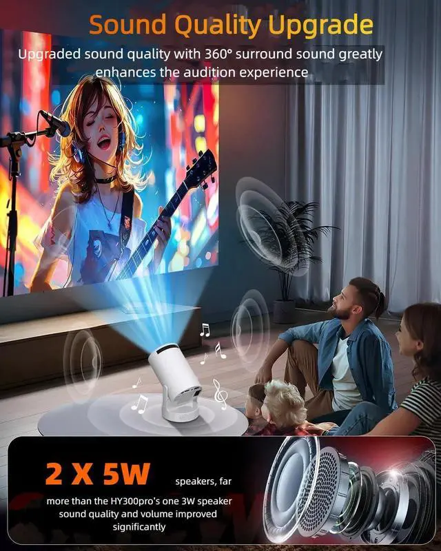 Alt view image 4 of 7 - Portable Mini HY300 Pro HiFi Speaker Android TV Projector with WiFi and Bluetooth - 1080P FHD, 2x5W Speaker 360° Stereo Sound, WiFi6, Auto Keystone, Bluetooth 5.4, Compatible with Android/iOS/USB/HDMI