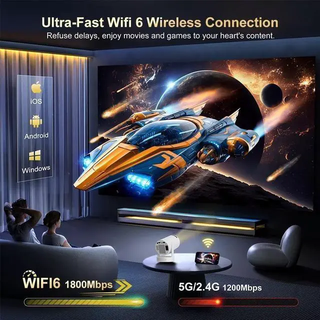 Alt view image 5 of 7 - Portable Mini HY300 Pro HiFi Speaker Android TV Projector with WiFi and Bluetooth - 1080P FHD, 2x5W Speaker 360° Stereo Sound, WiFi6, Auto Keystone, Bluetooth 5.4, Compatible with Android/iOS/USB/HDMI