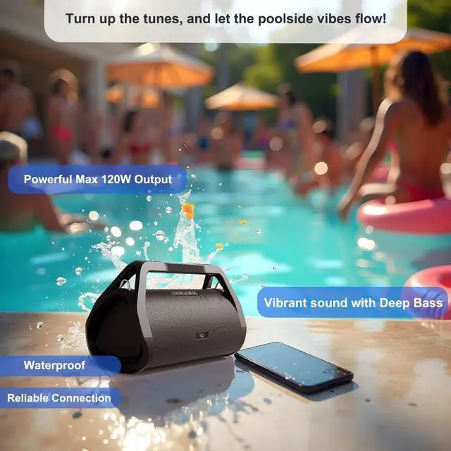 Alt view image 7 of 7 - Portable Outdoor Wireless Speaker, Max 120W Loudspeaker Boombox with Bluetooth 5.3, True Wireless Stereo (TWS) Pairing, Powerful Bass , 20H Playtime, Ideal for Beach, Pool Parties, Camping, Travel