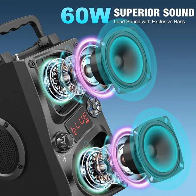 Alt view image 2 of 7 - Bluetooth Speaker, 60W(Peak) Wireless Portable Small Home Party Speakers with Double Subwoofer Deep Bass, Radio, Lights, 80dB Loud Stereo Sound Boombox for Outdoor Camping Gifts