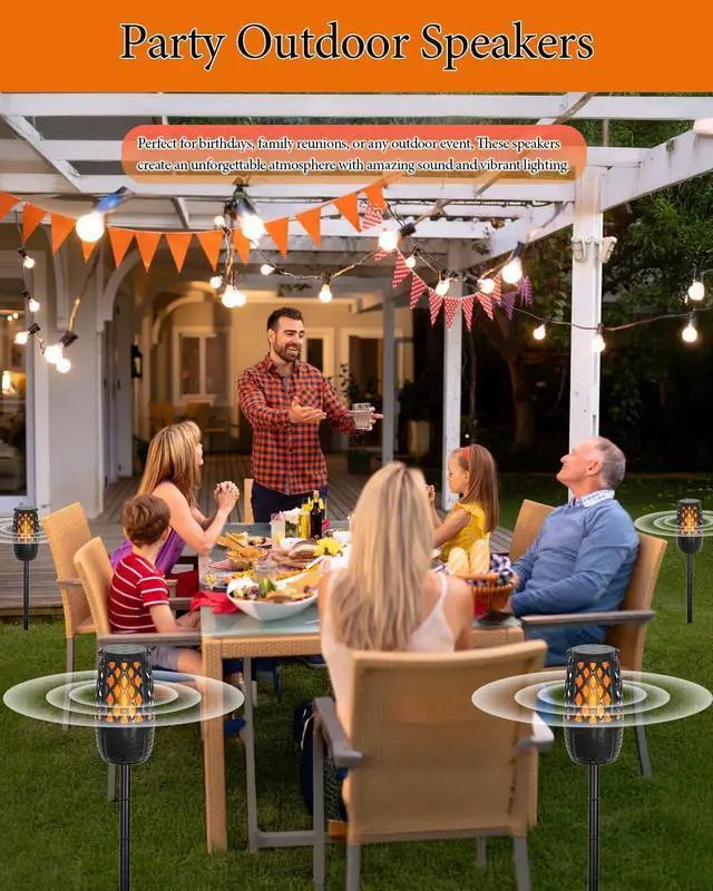 Alt view image 2 of 7 - 2 Pack LED Flame Outdoor Bluetooth Speaker, Unique Gifts for Men, IPX6 Waterproof Tiki Torch Atmosphere Flame Speaker for Party Patio Garden, Outdoor Speakers with Stake, Hook, Wall Mount (2 Pack)