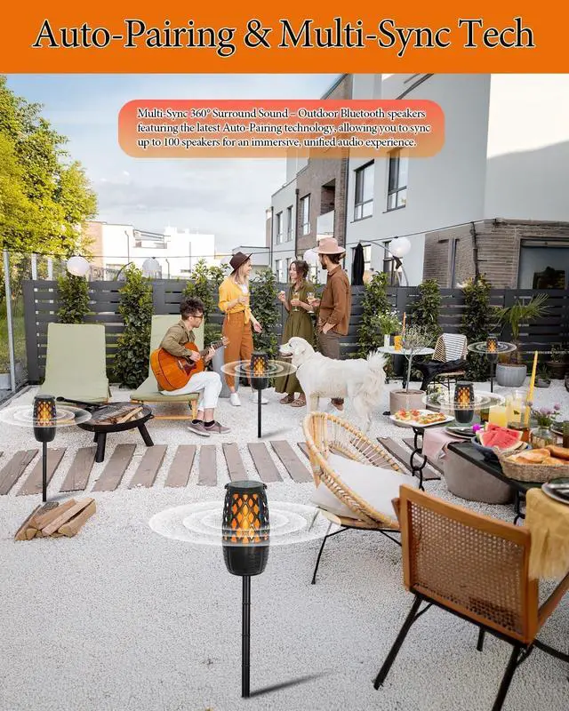 Alt view image 3 of 7 - 2 Pack LED Flame Outdoor Bluetooth Speaker, Unique Gifts for Men, IPX6 Waterproof Tiki Torch Atmosphere Flame Speaker for Party Patio Garden, Outdoor Speakers with Stake, Hook, Wall Mount (2 Pack)
