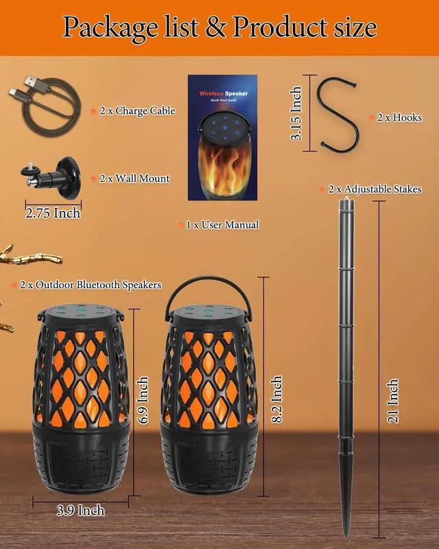 Alt view image 7 of 7 - 2 Pack LED Flame Outdoor Bluetooth Speaker, Unique Gifts for Men, IPX6 Waterproof Tiki Torch Atmosphere Flame Speaker for Party Patio Garden, Outdoor Speakers with Stake, Hook, Wall Mount (2 Pack)