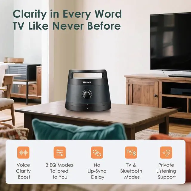 Alt view image 3 of 7 - SIMOLIO 621D Plus Wireless Speakers for TV for Seniors - Bluetooth TV Speakers for Hard of Hearing, Elderly, 3 EQ Modes, Dialog Enhancer, Portable Speaker for TVs, 164ft Range, Bluetooth Connectivity