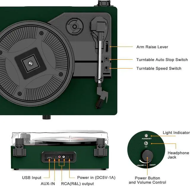 Alt view image 2 of 7 - Vinyl Record Player with Build in Speakers Vintage Portable Turntable Supports Bluetooth Receiver USB Input,AUX Input,RCA Line Out,3 Speed and Headphone Jack DarkGreen