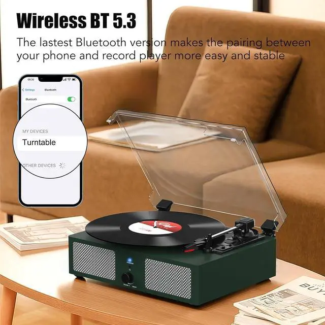 Alt view image 3 of 7 - Vinyl Record Player with Build in Speakers Vintage Portable Turntable Supports Bluetooth Receiver USB Input,AUX Input,RCA Line Out,3 Speed and Headphone Jack DarkGreen