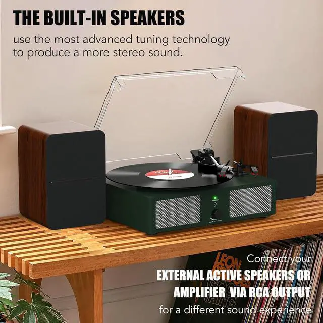 Alt view image 4 of 7 - Vinyl Record Player with Build in Speakers Vintage Portable Turntable Supports Bluetooth Receiver USB Input,AUX Input,RCA Line Out,3 Speed and Headphone Jack DarkGreen