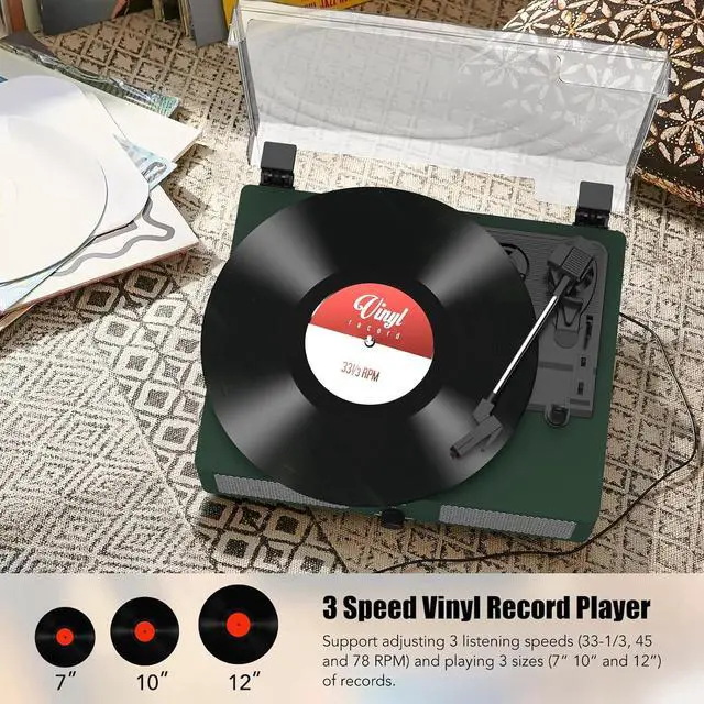 Alt view image 5 of 7 - Vinyl Record Player with Build in Speakers Vintage Portable Turntable Supports Bluetooth Receiver USB Input,AUX Input,RCA Line Out,3 Speed and Headphone Jack DarkGreen