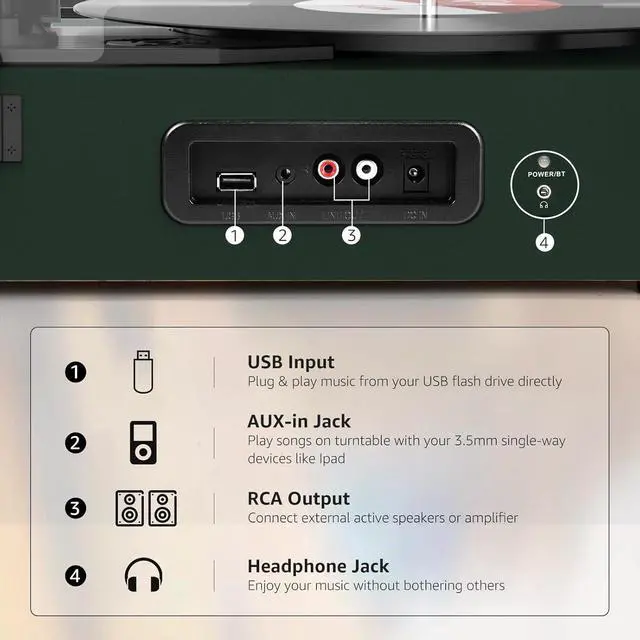 Alt view image 6 of 7 - Vinyl Record Player with Build in Speakers Vintage Portable Turntable Supports Bluetooth Receiver USB Input,AUX Input,RCA Line Out,3 Speed and Headphone Jack DarkGreen