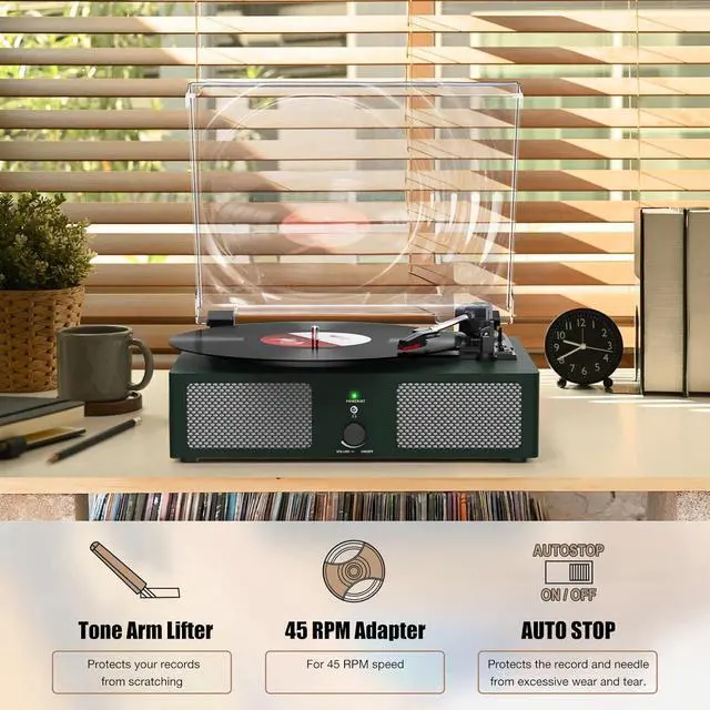 Alt view image 7 of 7 - Vinyl Record Player with Build in Speakers Vintage Portable Turntable Supports Bluetooth Receiver USB Input,AUX Input,RCA Line Out,3 Speed and Headphone Jack DarkGreen