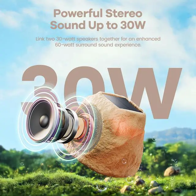 Alt view image 2 of 7 - Outdoor Rock Speaker 30W Deep Bass Multi-Sync up to 100 Speakers Auto-Pairing, IPX7 Waterproof Solar-Powered with LED Lights Perfect for Pool, Garden, Patio, Ideal for Music Entertainers - 1 Pack