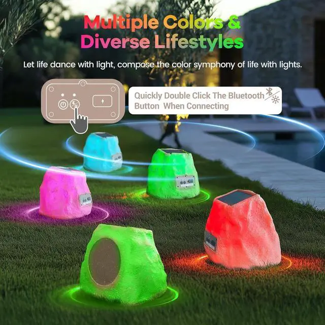 Alt view image 3 of 7 - Outdoor Rock Speaker 30W Deep Bass Multi-Sync up to 100 Speakers Auto-Pairing, IPX7 Waterproof Solar-Powered with LED Lights Perfect for Pool, Garden, Patio, Ideal for Music Entertainers - 1 Pack