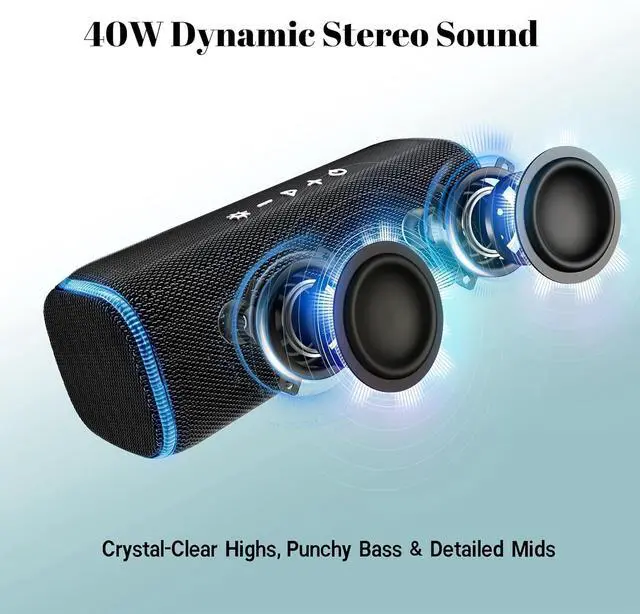 Alt view image 2 of 7 - 40W Portable Bluetooth Speaker, IPX7 Waterproof Wireless Outdoor Speaker, Tap-to-Play Beats, 25-Hour Playtime, Bass Boosted, LED Lights, TWS Pairing for Pool, Jam Session, Gifts (Black)