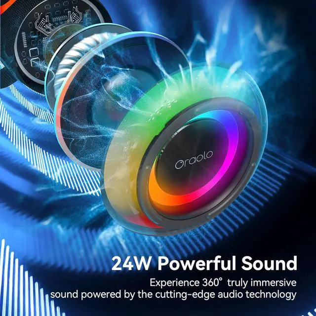 Alt view image 2 of 7 - Oraolo Portable Bluetooth Speaker with 24W Loud Stereo Sound, Colorful RGB Lights, TWS Pairing, Bluetooth 5.4, 15H Playtime, Support AUX/TF Card, Wireless Speaker for Outdoor Party Home
