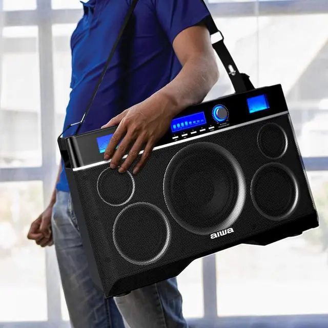 Alt view image 4 of 7 - Aiwa Exos-10 Portable Bluetooth Speaker, 200W RMS Power, 6.5 Subwoofer, Deep Bass, Party Sync, Backlit Display, FM/BT/USB/AUX, Remote Control, Carry Strap, Bluetooth V5.0