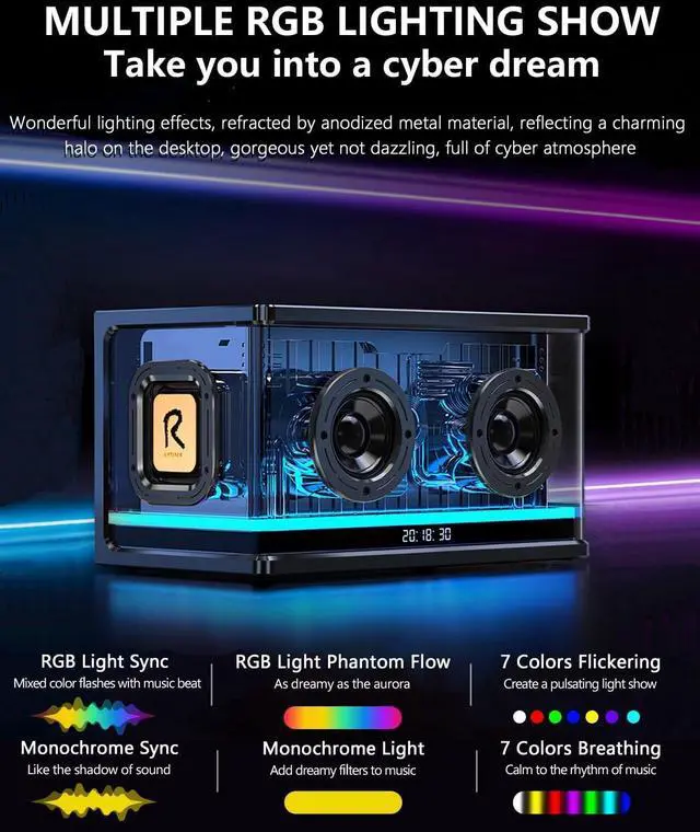 Alt view image 2 of 7 - Bluetooth Speaker Ultra Heavy Bass 40W RGB Light Cyber Mechanical Industrial Style Bluetooth 5.0 Wireless Stereo Sound Speaker for Indoor and Computer Room (Black)