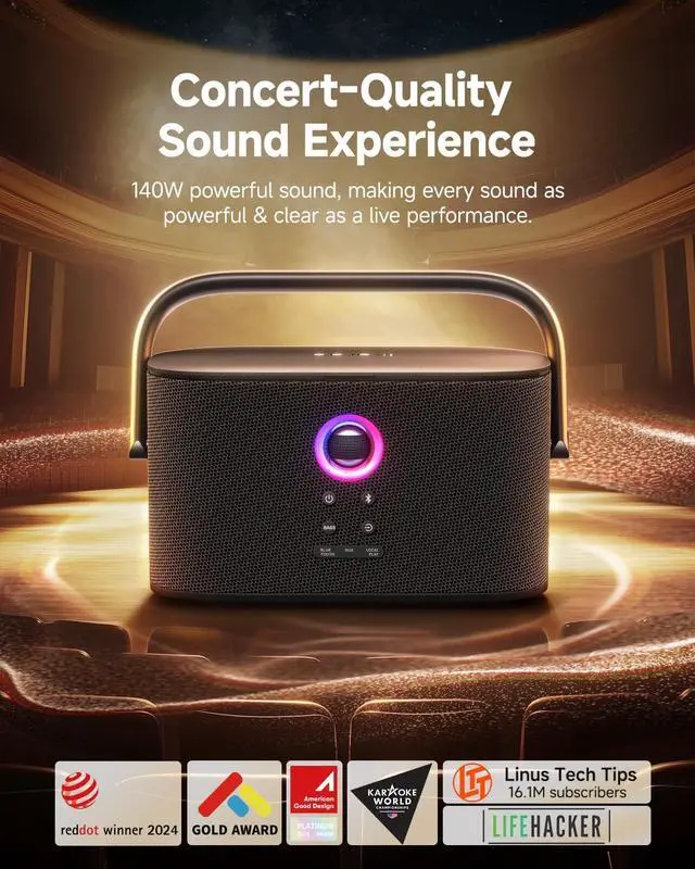 Alt view image 2 of 7 - Portable Party Bluetooth Speaker, 140W Speaker with Self-Charging Microphone, Screen Lyrics Display, Deep Bass, Dynamic Lights, Loud Wireless Speaker, Support WiFi AUX HDMI for TV/Projector