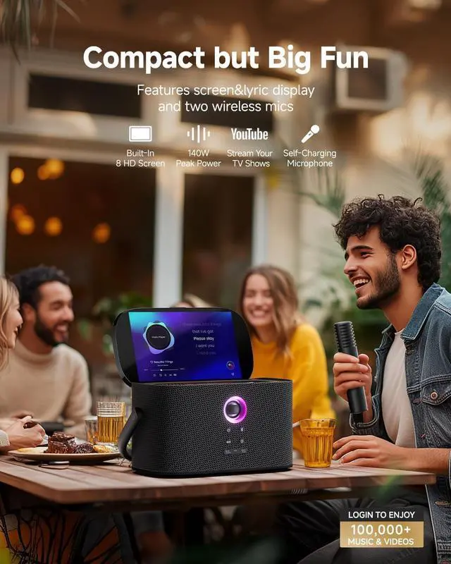 Alt view image 4 of 7 - Portable Party Bluetooth Speaker, 140W Speaker with Self-Charging Microphone, Screen Lyrics Display, Deep Bass, Dynamic Lights, Loud Wireless Speaker, Support WiFi AUX HDMI for TV/Projector