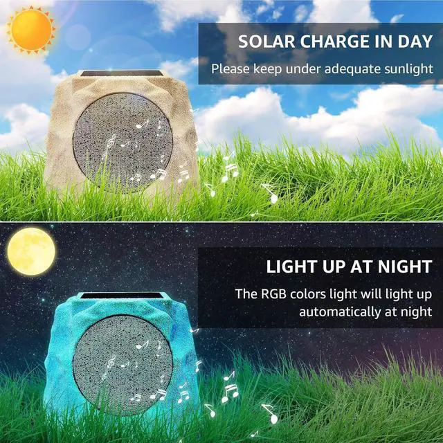 Alt view image 2 of 7 - 2-Pack Solar Powered Rock Speakers Outdoor Water-Resistant IP44 with Lights 7 Colors, TWS Pair Function for Patio Outside Deck Pool Garden BBQ