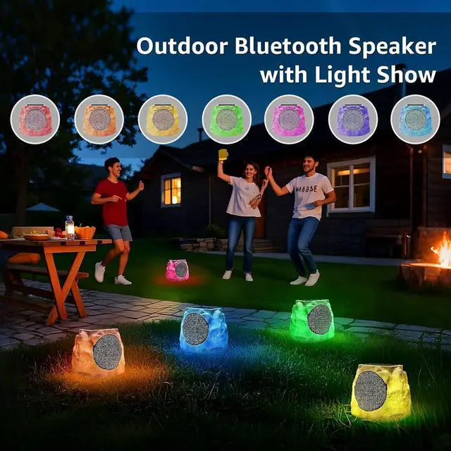 Alt view image 3 of 7 - 2-Pack Solar Powered Rock Speakers Outdoor Water-Resistant IP44 with Lights 7 Colors, TWS Pair Function for Patio Outside Deck Pool Garden BBQ