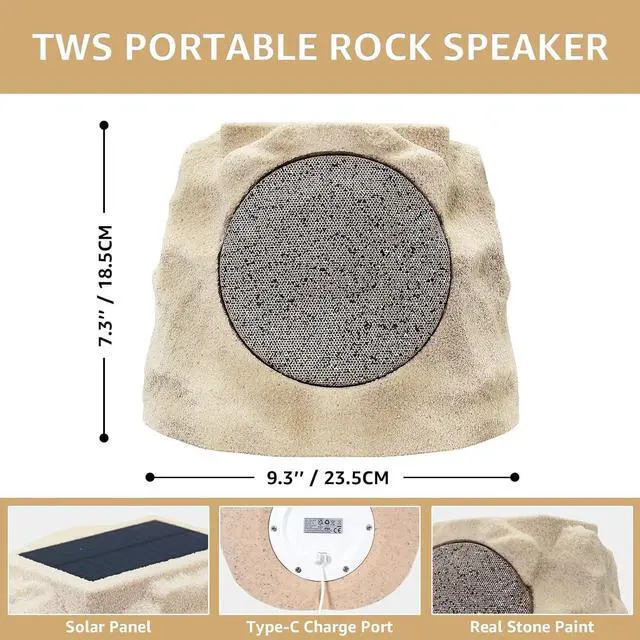 Alt view image 4 of 7 - 2-Pack Solar Powered Rock Speakers Outdoor Water-Resistant IP44 with Lights 7 Colors, TWS Pair Function for Patio Outside Deck Pool Garden BBQ