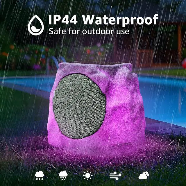 Alt view image 5 of 7 - 2-Pack Solar Powered Rock Speakers Outdoor Water-Resistant IP44 with Lights 7 Colors, TWS Pair Function for Patio Outside Deck Pool Garden BBQ