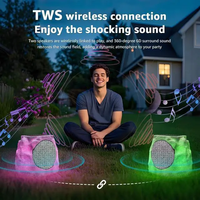 Alt view image 6 of 7 - 2-Pack Solar Powered Rock Speakers Outdoor Water-Resistant IP44 with Lights 7 Colors, TWS Pair Function for Patio Outside Deck Pool Garden BBQ