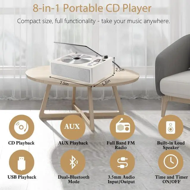 Alt view image 4 of 7 - CD Player Portable, Desktop CD Players for Home with Rechargeable Battery, Dual Speakers, Support Opt/USB/TF Card/AUX/FM with Remote Control, LCD Display, 3.5mm Headphone Jack White