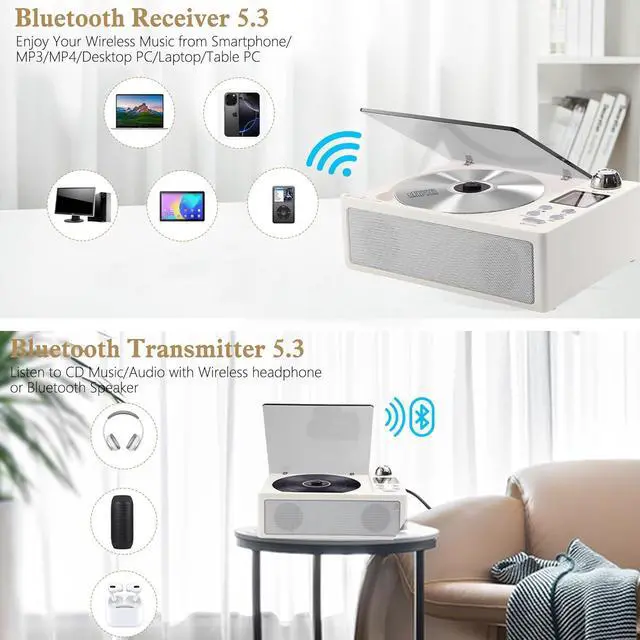 Alt view image 5 of 7 - CD Player Portable, Desktop CD Players for Home with Rechargeable Battery, Dual Speakers, Support Opt/USB/TF Card/AUX/FM with Remote Control, LCD Display, 3.5mm Headphone Jack White