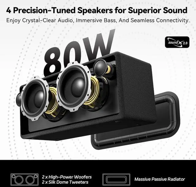 Alt view image 2 of 6 - Bluetooth Speaker, 80W Peak Retro Portable Speaker with Bass Boost, IP67 Waterproof, Loud Speakers Bluetooth Wireless with Subwoofer, RGB Lights, TWS, USB/AUX/TF Support, Boombox for Party