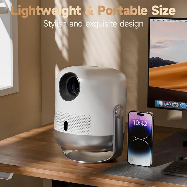 Alt view image 6 of 6 - 400ANSI Mini Projector, WiFi 6 and Bluetooth, with Speaker | 4K Decoding and 1080P Output | One-Touch Focus | 360° Rotation | Portable Projector, Compatible with IPhone/Android/TV stick