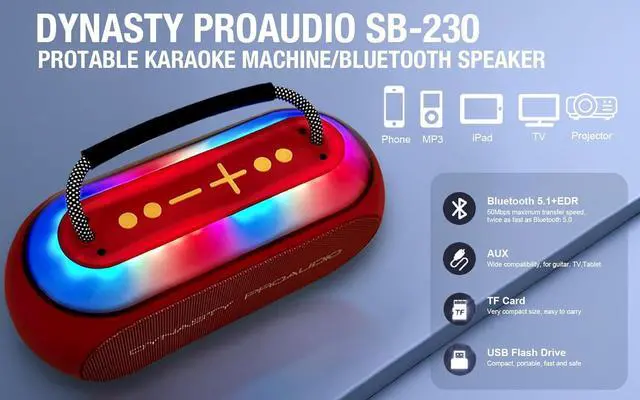 Alt view image 3 of 7 - SB-230 Portable Bluetooth Speaker/Karaoke Machine with Two Wireless Microphones, Waterproof, Supports for USB, AUX, TF-Card, Color Change LED Lights (Red)