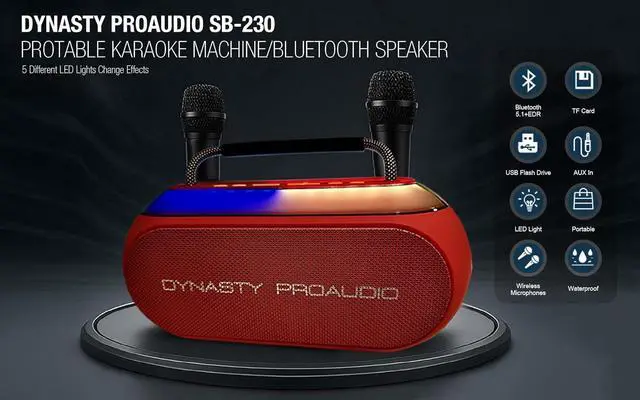 Alt view image 2 of 7 - SB-230 Portable Bluetooth Speaker/Karaoke Machine with Two Wireless Microphones, Waterproof, Supports for USB, AUX, TF-Card, Color Change LED Lights (Red)
