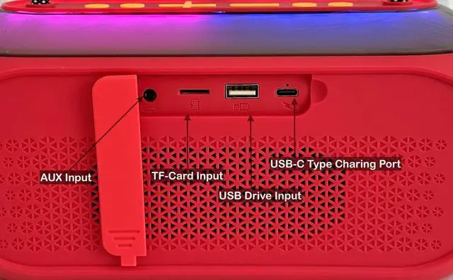 Alt view image 4 of 7 - SB-230 Portable Bluetooth Speaker/Karaoke Machine with Two Wireless Microphones, Waterproof, Supports for USB, AUX, TF-Card, Color Change LED Lights (Red)