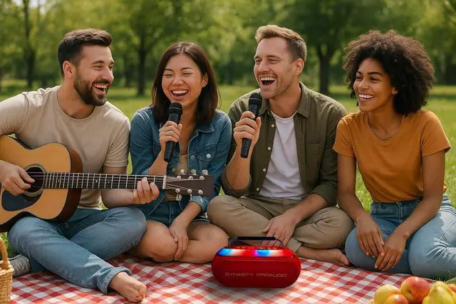 Alt view image 6 of 7 - SB-230 Portable Bluetooth Speaker/Karaoke Machine with Two Wireless Microphones, Waterproof, Supports for USB, AUX, TF-Card, Color Change LED Lights (Red)