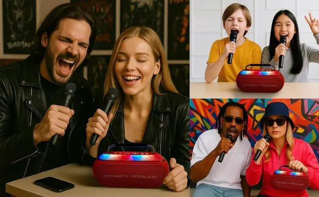 Alt view image 5 of 7 - SB-230 Portable Bluetooth Speaker/Karaoke Machine with Two Wireless Microphones, Waterproof, Supports for USB, AUX, TF-Card, Color Change LED Lights (Red)