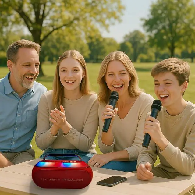 Alt view image 7 of 7 - SB-230 Portable Bluetooth Speaker/Karaoke Machine with Two Wireless Microphones, Waterproof, Supports for USB, AUX, TF-Card, Color Change LED Lights (Red)