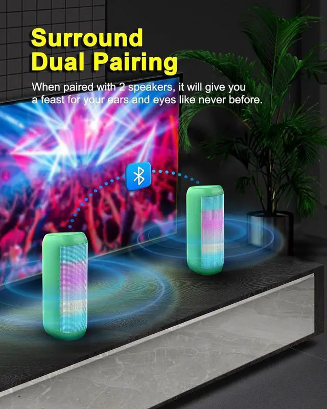 Alt view image 5 of 7 - Bluetooth Speaker, Portable Wireless Speakers 15W Loud Sound with Cool Multi LED Lights Dynamic Modes, IPX4 Waterproof, BT5.3, TWS Surround Pairing, Lightweight for Party Outdoor Home Camping Gift