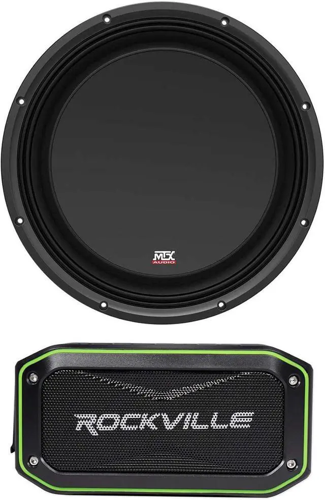 Main image of Audiosavings Bundle: 3512-04S 12" 600 Watt Shallow Mount Car Audio Subwoofer Slim Sub SVC 4-ohm Bundle with Rockville Rock Anywhere Waterproof Portable Bluetooth Speaker+TWS Stereo Linking (2 Items)
