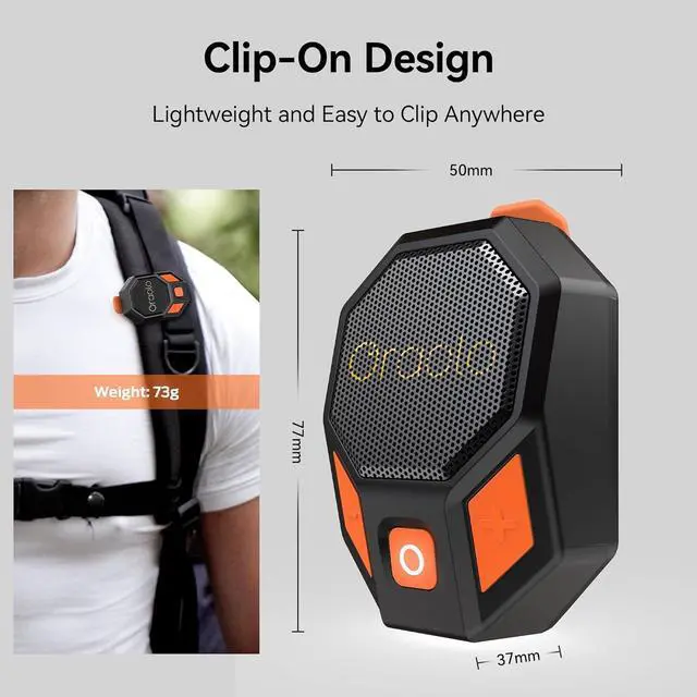 Alt view image 2 of 7 - Oraolo Clip-On Portable Speaker Wearable Speaker Bluetooth 5.4, Mini Speakers for Hands-Free Calls, Built-in Mic, Stereo Sound, IPX6 Water Resistance, 12H Playtime, Wireless Speakers for Outdoor
