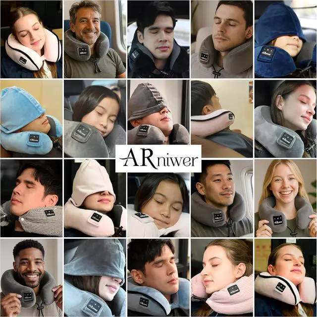 Alt view image 2 of 6 - Bluetooth Music Semicircular Neck Pillow with Hood Wireless Bluetooth Speaker Suitable Airplane,Car,Office,and Outdoor Camping for Sleeping, Resting The Best Travel Essentials. (Pink)