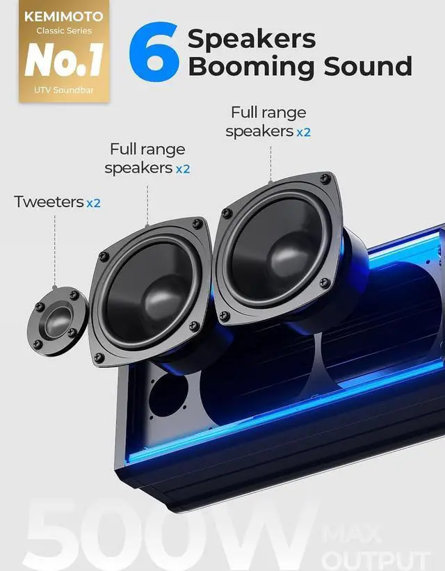Alt view image 2 of 7 - KEMIMOTO 6-Speaker Metal UTV Sound Bar, 25-inch IP65 Waterproof Golf Cart Sound Bar, ATV Speaker Bluetooth with RGB, SxS Soundbar Compatible with Polaris RZR Can-Am w/ 1.25 in - 2 in Roll Bar