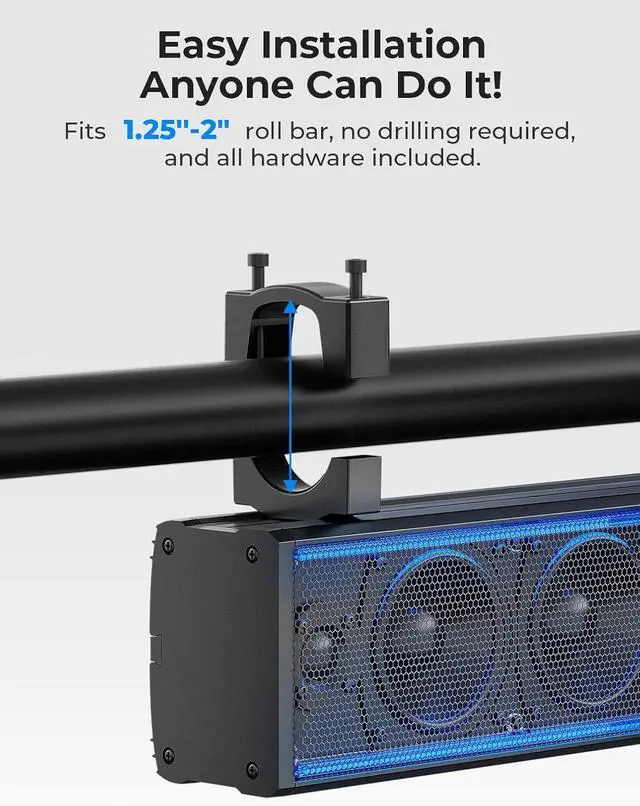 Alt view image 5 of 7 - KEMIMOTO 6-Speaker Metal UTV Sound Bar, 25-inch IP65 Waterproof Golf Cart Sound Bar, ATV Speaker Bluetooth with RGB, SxS Soundbar Compatible with Polaris RZR Can-Am w/ 1.25 in - 2 in Roll Bar