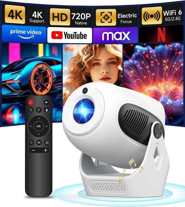 Main image of Electric FocusProjector with WiFi 6 and Bluetooth 5.0, Mini Portable Native 720P with 4K Support, Smart Proyector Built in Android 11, Auto Vertical Keystone, Home Movie Projectors for Outdoor
